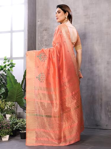 Image of StyleScope Women's Assam Cotton Silk Golden Boarder Thread Embroidered Saree With Unstitched Blouse Piece (Ulajh)