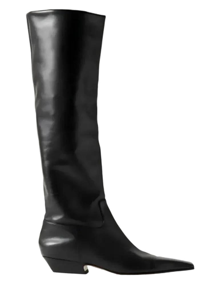 Womens Low Heel Knee High Boots Square Toe Leather Autumn Winter Fashion Mid Length Boots