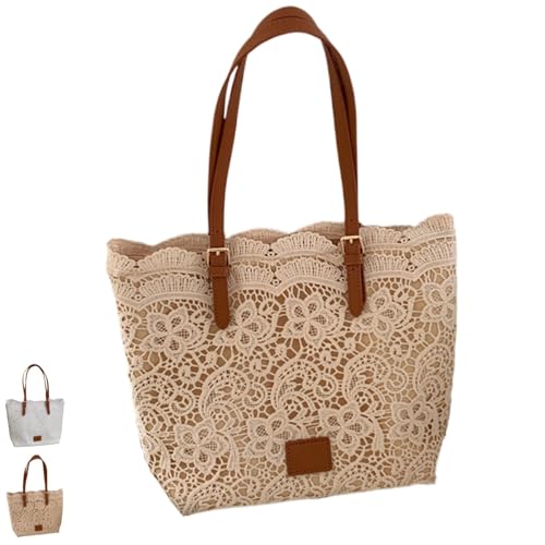Vintage Lace Shoulder Bag for Women, Vintage Boho Lace Purse, Crochet Kiss Lock Aesthetic Cute Large Tote Purses (Khaki) [���s�A���i]
