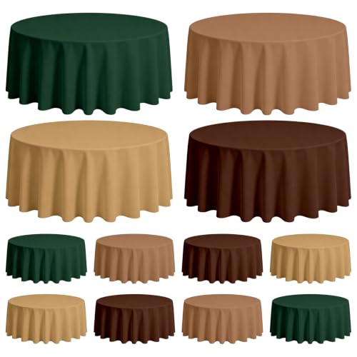 Whaline 12Pcs Woodland Themed Plastic Tablecloth Round Green Brown Table Cover 4 Colors Waterproof Table Cloth for Birthday Baby Shower Party Decoration Supplies, 84 Inch