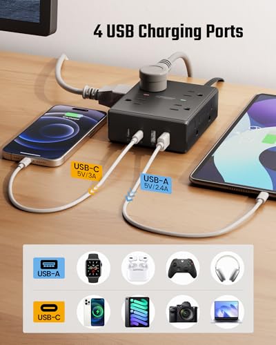 Image of 6Ft Extension Cord with Multiple Outlets, Flat Plug Power Strip Surge Protector, 8 Outlet 4 USB Ports (2 USB C), Wall Mountable, Desk Charging Station for Home Office, College Dorm Room Essentials
