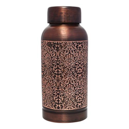 Pure Copper Water Bottle Beautiful Floral Pattern For Ayurveda Health Benefits - 600 Ml (20.28 US Fl Oz)