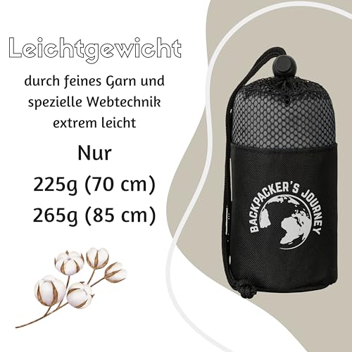 Backpacker's Journey Hüttenschlafsack Ultraleicht (nur 265g) aus 100% Baumwolle. Hygieneschlafsack ohne Reissverschluss (Keine Wärmeleistung) - Grau