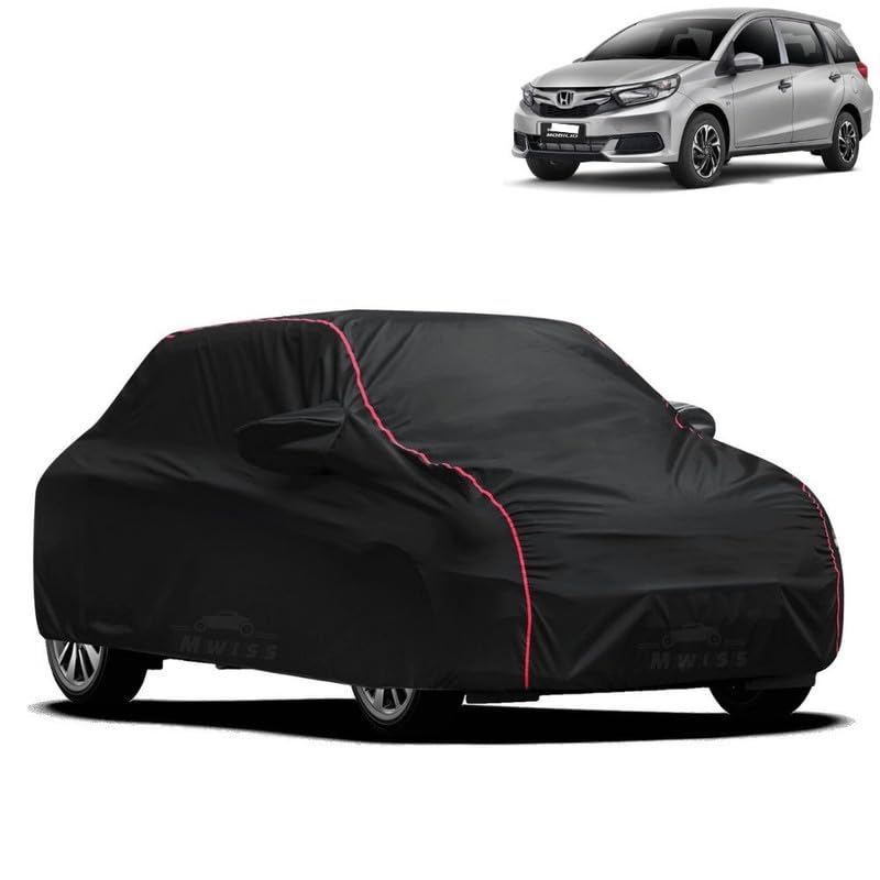 Image of Waterproof Car Cover for Honda City Mobilio | All-Weather Protection, Dustproof & UV Resistant | Triple Stitched Mirror Pockets, Windproof Buckle Strap with Elastic Hem, Black-Red Piping