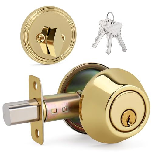LOQRON Round Design Single Cylinder Deadbolt with Keys, Exterior Keyed Dead Bolt Lock for Front Entrance Door Security, Polished Brass