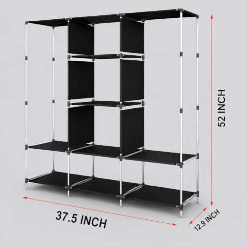 Image of Portable Fabric Wardrobe with 6 Shelves and 2 Hanging Rods, Grey