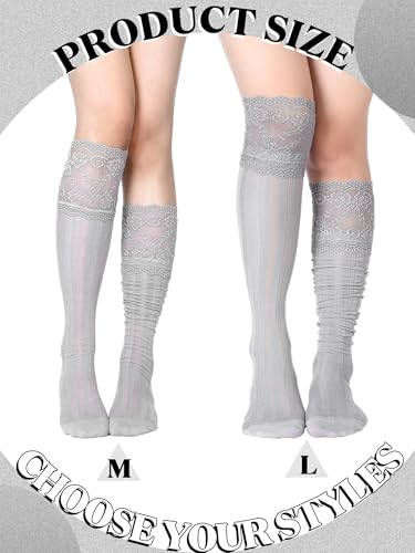 Image of Fourluoo 6 Pairs Women's Lace Knee High Socks with Trim Lolita Lace Boot Socks Long over Knee Stocking for Women