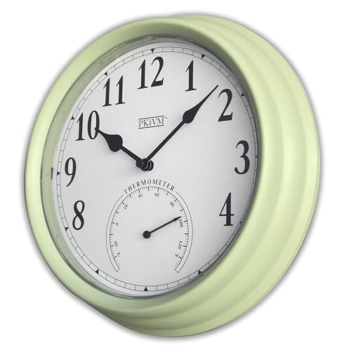 PKVM 1978 Reloj de pared impermeable de doble capa para interiores y exteriores con termómetro (verde pastel)