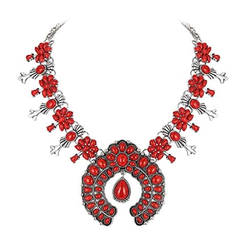 Flyonce Bohemian Red Turquoise Collar Necklace, Art Deco Flower Costume Statement Necklace for Women Cover