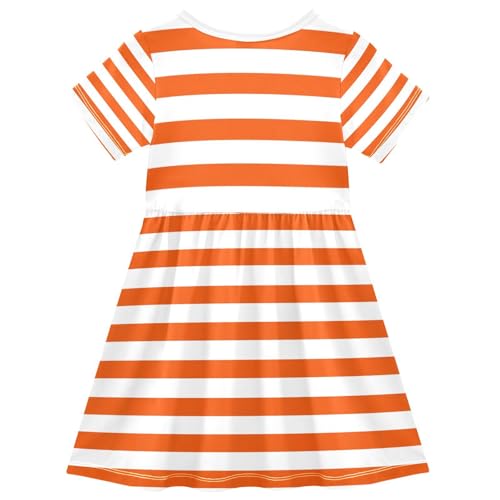 Orange White Stripes Girls Short Sleeve Dress Summer Fashion A-line Skater Dresses2