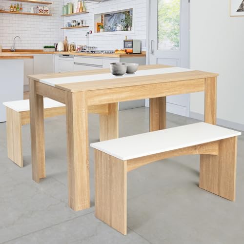 IDMarket ROZY - Juego de mesa de comedor y 2 bancos para 4 personas, aspecto madera de haya y blanco de 110 cm - imagen 2