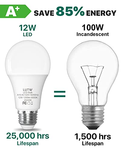 Image of A19 E26 LED Bulbs, 100W Eqv, 12W, 6000K, Non-Dimmable, 6 Pack | 1200 Lumen, Cool White Light, Ideal for Bedroom, Living Room Lighting