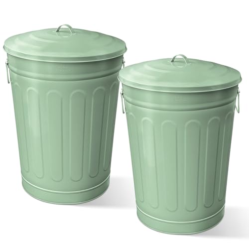 Image of Plexon 13 Gallon Metal Trash Can with Lid Outdoor Vintage Trash Can Steel Retro Garbage Can for Kitchen Farmhouse Rustic Bird Seed Storage Pet Food Cute Bucket, Green 2 Pack
