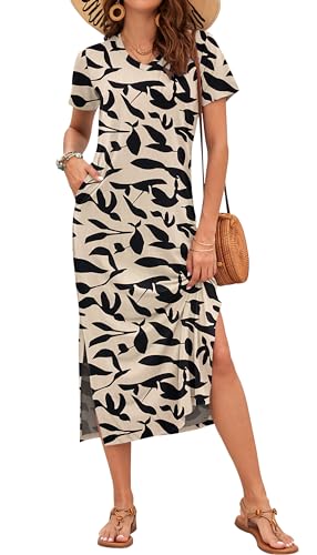 Image of MISFAY Womens Maxi Dress Short Sleeve V Neck Loose with Pockets | Soft stretchy breathable, v neck loose fit, side split hem, two side pockets, casual daily beach vacation travel dress