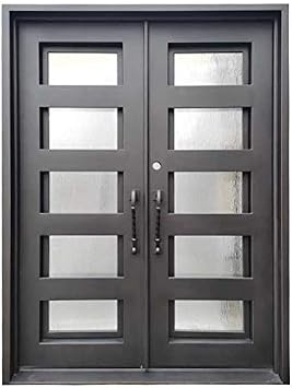 Reno Exterior Double Front Entry Door Wrought Iron with Operable Tempered Rain Glass Inside Swing Dark Bronze Finish 62 By 82 Right Hinge Active