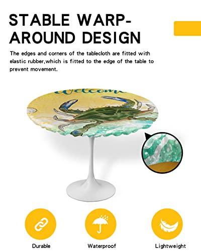 Onehoney Round Tablecloth Fitted Waterproof Table Cover Summer Coastal Seaside Crab Conch, Elastic Edged Washable Table Cloths For Kitchen Dinning Picnic Party Decor Seawater And Sandbeach #TOP2