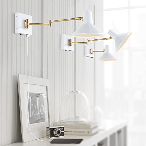 Image of JONATHAN Y 16 inch White /Brass Gold 1-Light Modern Swing Arm Sconce with USB Port, Plug-in Midcentury LED Bedside Lamp with White Iron Shade for Bedroom Living Room JYL1302A