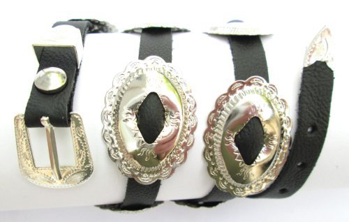 Western Hat Band Black Leather with 10 Oval Scalloped Conchos with 3-pc Buckle Set