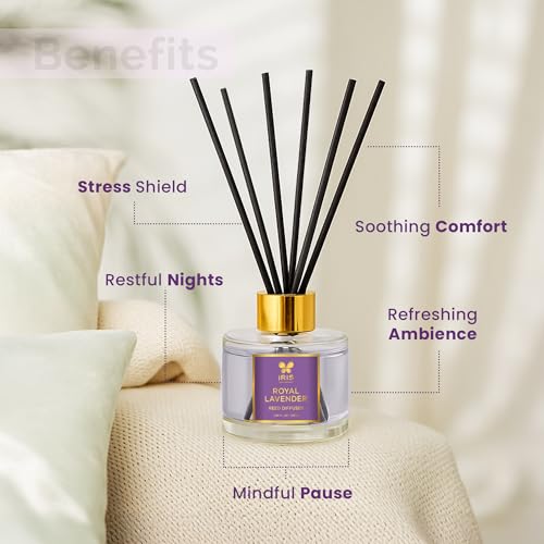 Image of IRIS Aroma Reed Diffuser - 100ml | Elegant Home Fragrance with 6 Fiber Reeds, Glass Round Bottle with Gold Cap | Aroma Diffuser for Cozy Decor & Gifting (Royal Lavender)