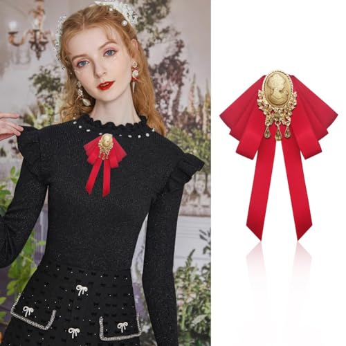 Image of Retro Court style Crystal Ribbon Bow Tie Brooch Pins for Women Girls Victorian Cameo Bow Brooch Pre-Tied Bowknot Corsage Collar accessory