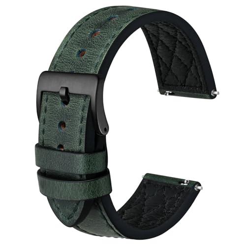 Anbeer Genuine Leather Watch Band for Men and Women,18mm Quick Release Replacement Watch Strap,Rhombic Stitched Wristband Bracelet,Black Stainless Steel Clasp