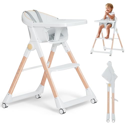 Image of Baby High Chair, High Chairs for Babies and Toddlers, Convertible Folding High Chair with Removable Tray 5 Point Harness Footrest Detachable PU Cushion, Portable Highchair for Baby Toddlers