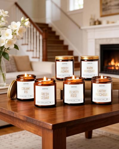 Image of AOOVOO Candles Set - 6PC Scented Candles, Soy Candle, Aromatherapy Candle, Soy Wax Candle, Candle for Home Scented, Velvety Rose /Fresh Cedar /Earthy Patchouli /Woody Jasmine /Warm Mahogany /Creamy Fig