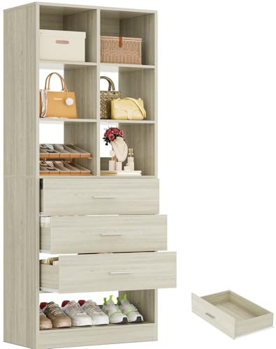 Homieasy Closet System Organizer with 3 Drawers and Partition Storage, Freestanding Wardrobe Organizer Modular with Shoe Shelf, Expandable for Walk-in or Reach-in Closets, White Oak