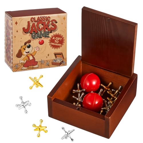 Gejoy 1 Pack Metal Jacks Set with 12 Metal Jacks and 2 Red Rubber Balls in Wooden Box Retro Jackstones Floor Game for Adults Birthday Gifts Party Party Family Gatherings