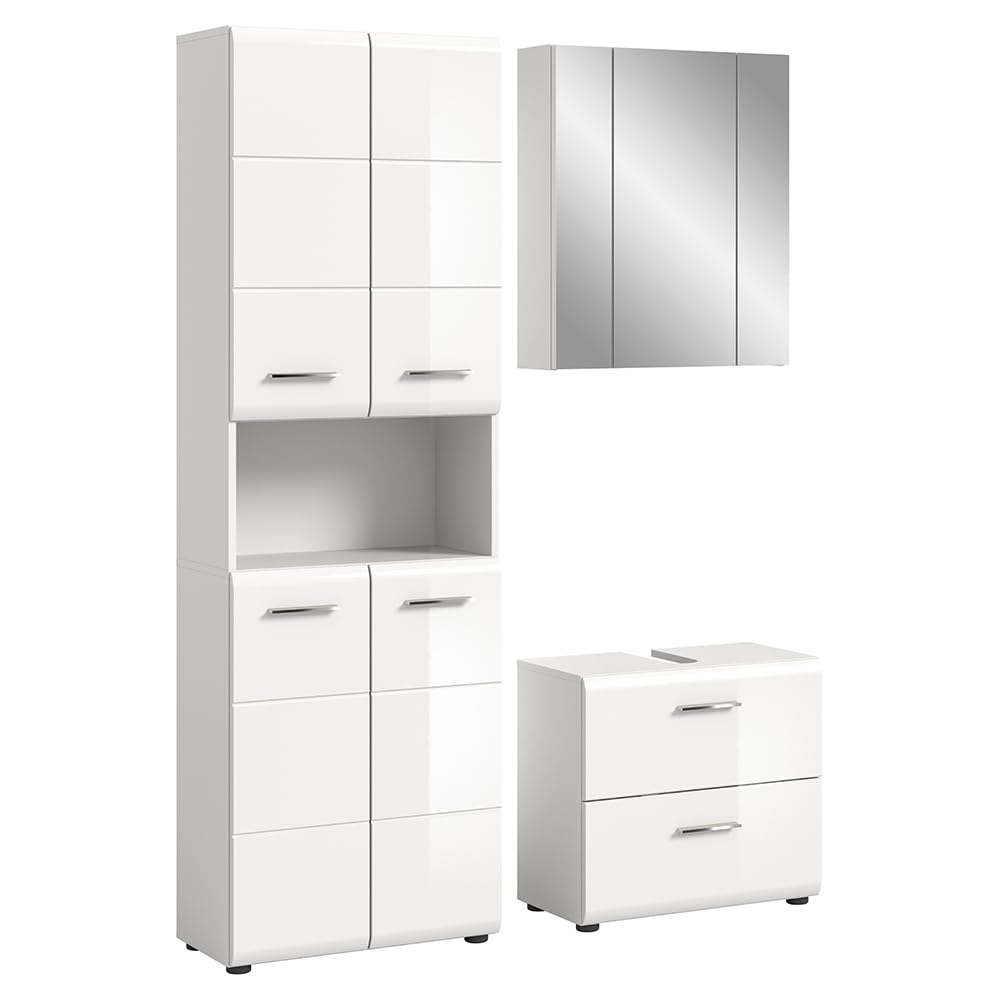 Lomadox Badezimmer Badmöbel-Set 3-teilig in weiß mit weiß Hochglanz, mit 1 Hochschrank, 1 Spiegelschrank mit 3D-Funktion & 1 Waschbeckenschrank