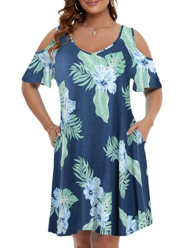Image of JollieLovin Womens Plus Size Short Sleeve Cold Shoulder V Neck T-Shirt Dress with Pockets