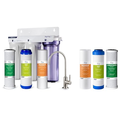 Image of iSpring US31 Classic 3-Stage Under Sink Water Filtration System, Tankless, High Capacity, Sediment + Carbon + Carbon & F3 6-Month Prefilter Replacement Supply Filter Cartridge Pack Set, F3, White