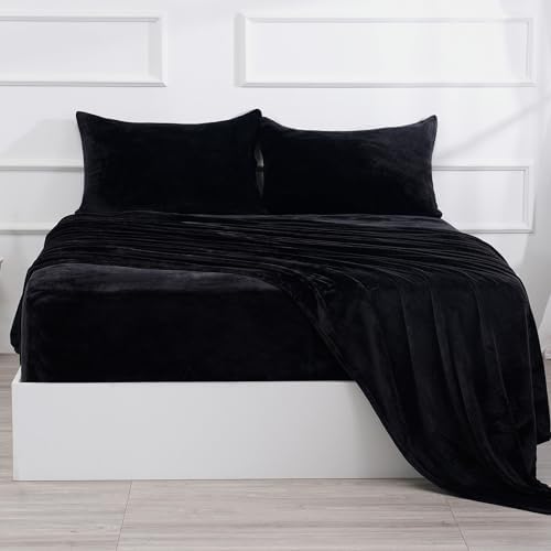 Micro Fleece Bed Sheet Set Full Size Black - Ultra-Soft Velvet Plush Full Bed Sheets with Deep Pockets,No Pilling,Cozy Warmth for All Season - 4 Piece Set Bedding Sheets & Pillowcases - Thumbnail 2