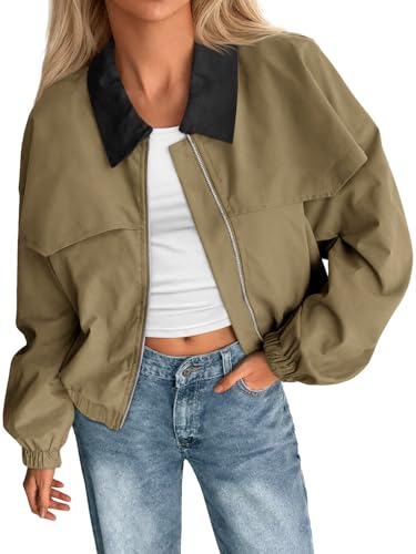 Tankaneo Womens Cropped Barn Jackets Zip Up Lapel Oversized Bomber Jackets Lightweight Trendy Casual Utility Short Coats