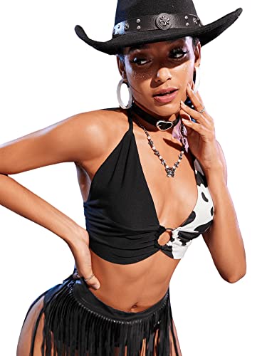 Verdusa Women's Y2k Western Cowgirl Rave Outfits Halter Top Cow Print Deep V Neck Tie Backless Crop Tops3