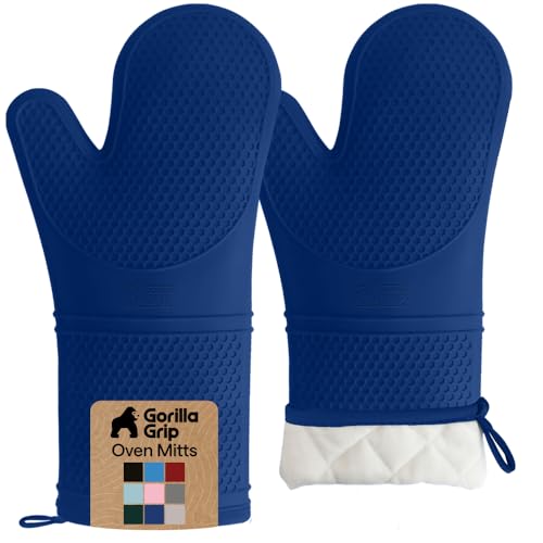 Image of GORILLA GRIP BPA-Free Soft Silicone Oven Mitts, 14.5x8.3, Heat Resistant and Waterproof Cooking Gloves, Thick Cotton Lining, Flexible Gripping for Baking Grilling, Kitchen Potholders Set of 2, Blue