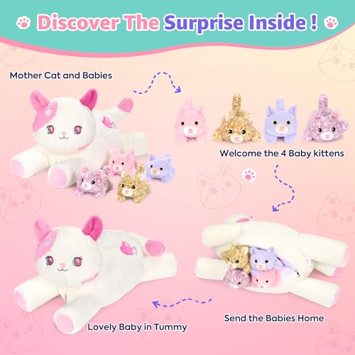 Image of Onsoyours Original 5PC Cat Stuffed Animals with Babies Inside, Kawaii Kiity Plush with Mommy & 4 Kittens - Cute Plushies Toys for Girls Kids (Pink)