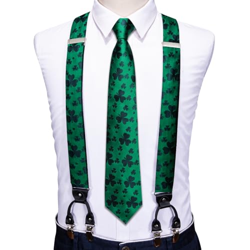 Image of Barry.Wang Men Suspender Set with Necktie Elastic Y Type Heavy Duty 6 Clips Braces Tie Handkerchief Cufflink Pin 6PCS