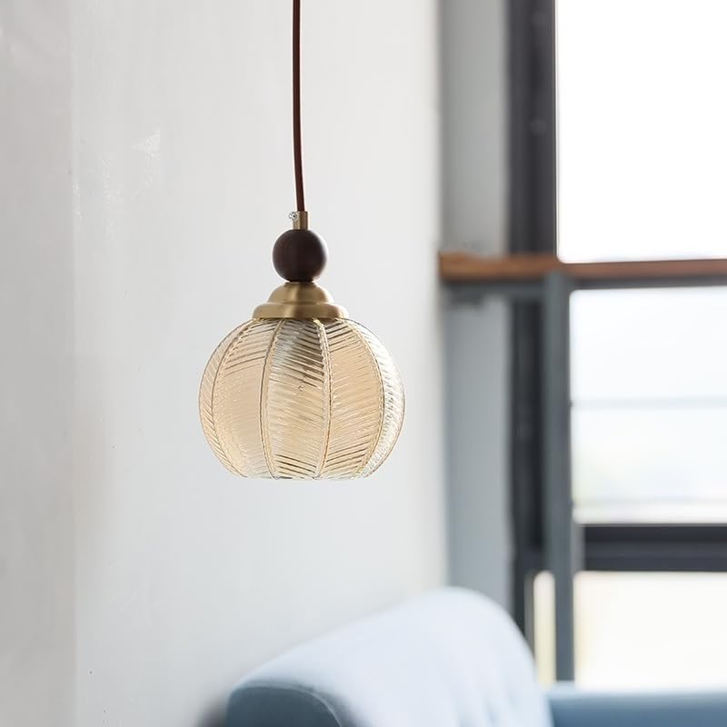 Genérico Luz colgante, Lámpara colgante LED de vidrio ámbar, accesorios iluminación for pasillo, dormitorio, tapa cobre madera, lámpara estilo japonés