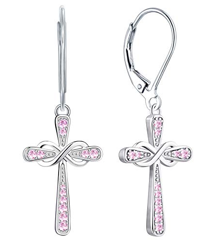 YL 18K White Gold Cross Earrings Sterling Silver Infinity Dangle Drop Earrings Created Pink Tourmaline Criss Leverback Jewelry