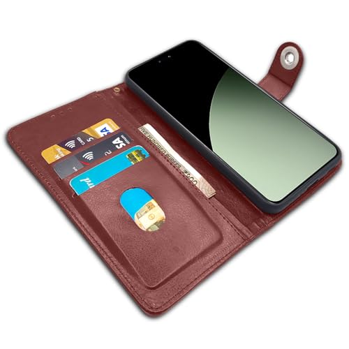 Image of Pikkme Flip Cover Leather Finish | Inside TPU with Card Pockets | Wallet Stand and Shock Proof | Complete Protection Button Flip Case for Xiaomi Civi 4 Pro 5G / Xiaomi 14 Civi 5G (Brown)