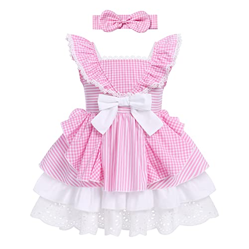 Baby Girl Tutu Dress Toddler Plaid Outfit Striped Gingham Ruffle Princess Birthday Party Dress Bowknot Sundress +Bow Headband