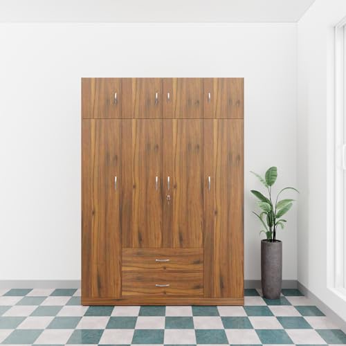 Image of VIKI Wardrobe | Wooden Almirah for Clothes,Door for Bedroom with Loft, 4 Door Wardrobe with Drawer & Hanging Space (Brussel Walnut - 40D x 160W x 220H) | 1 Year Warranty | Free Assembly