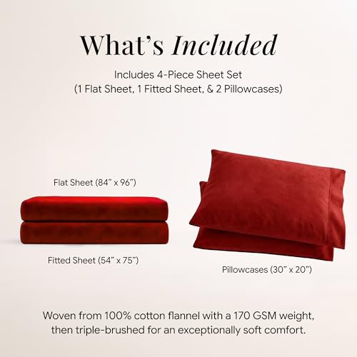 Image of Tribeca Living Triple Brushed Soft Cotton Flannel Sheets Set, Full Size 170-GSM Weight Extra Deep Pocket Sheet in Solid Dark Red Color