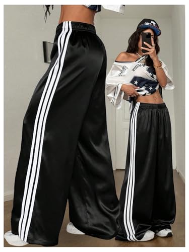 Women's Y2K Striped Baggy Pants Satin Low Waist Wide Leg Sweatpants Casual Track Pants Trousers Streetwear Joggers4