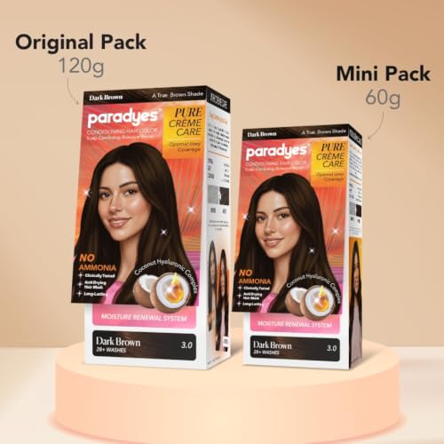 Image of Paradyes Pure Creme Care No Ammonia Hair Color Dark Brown 3.0 | Long-Lasting Creme Formula | Grey Coverage | Coconut Milk + Almond Oil + Hyaluronic Complex | Smooth & Shiny Finish | 120g+40 ml