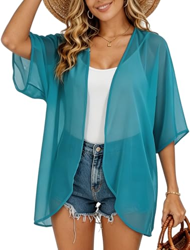 Image of FINOCEANS Womens Floral Chiffon Kimono Cardigans Loose Beach Cover Up Half Sleeve Tops