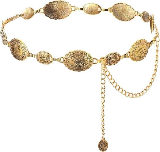 Waist Belt for Women Adjustable Metal Concho Hip Belt Boho Western Chain Belt for Saree Dresses Jeans Skirts Ethnic Wear Decorative Waist Accessory-image-47