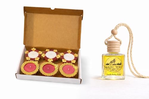 Image of Scented Diya Candle Set + Hanging Car Perfume Diffuser | Citrus & Sweet Fragrance | Premium Combo pack Gift for Car & Home.
