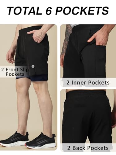Image of CHKOKKO Double Layered Gym Shorts for Men Workout | Compression Inner Layer with Pockets Across Inner Outer and Back | Dry Fit Sports Athletic wear for Running Jogging or Training